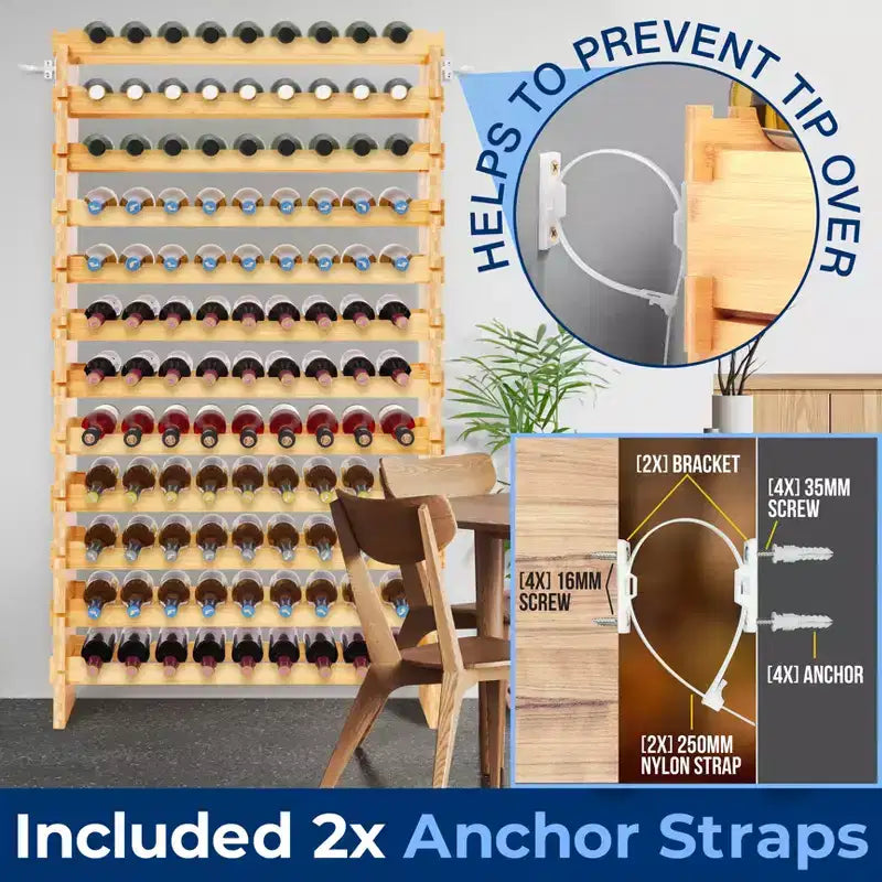 12-Tier Wine Shelf - 108 Bottle Capacity, Solid Bamboo, Adjustable Shelves