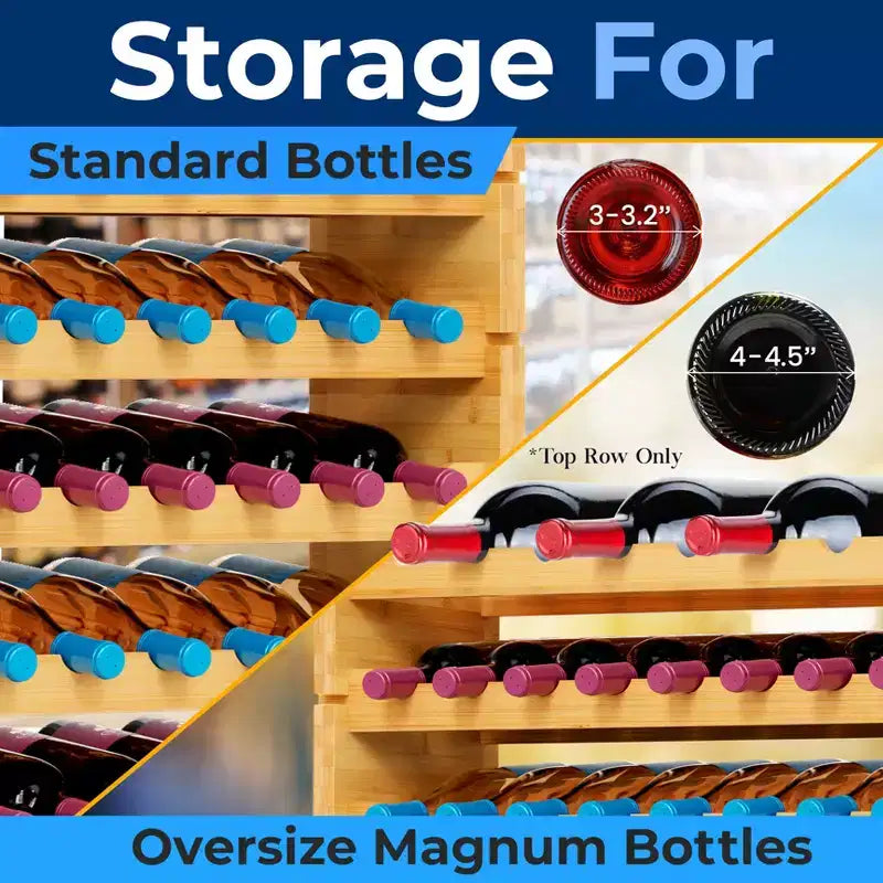 12-Tier Wine Shelf - 108 Bottle Capacity, Solid Bamboo, Adjustable Shelves