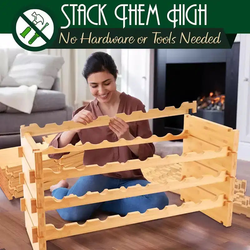 12-Tier Wine Shelf - 108 Bottle Capacity, Solid Bamboo, Adjustable Shelves