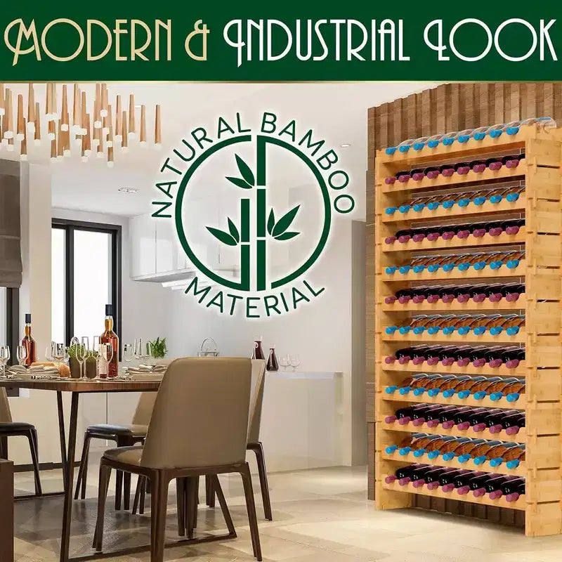 12-Tier Wine Shelf - 108 Bottle Capacity, Solid Bamboo, Adjustable Shelves