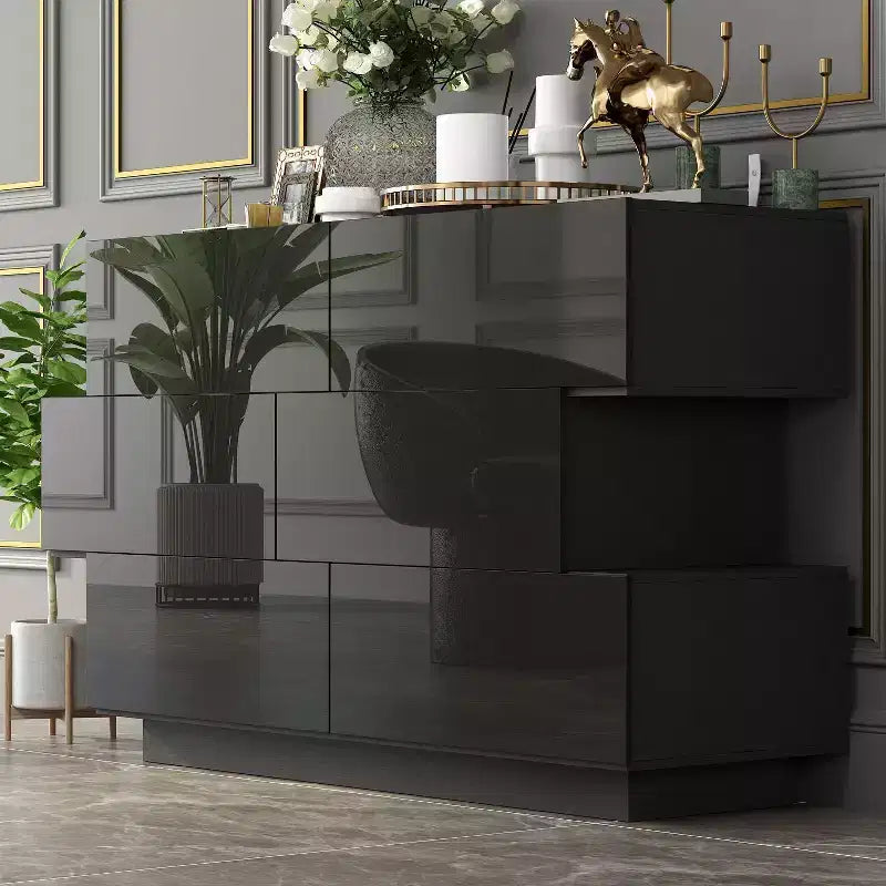 Famapy Glossy Chest of Drawers Polished 6 Drawer Dresser Modern & Contemporary Style Black