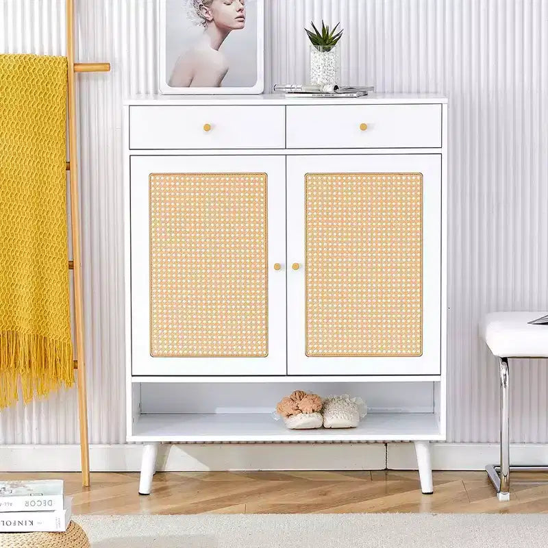 Modern Rattan Shoe Cabinet with 2 Doors and 2 Drawers Minimalist Storage Cabinet Shoe Organizer for Entryway, Corridors and Living Rooms