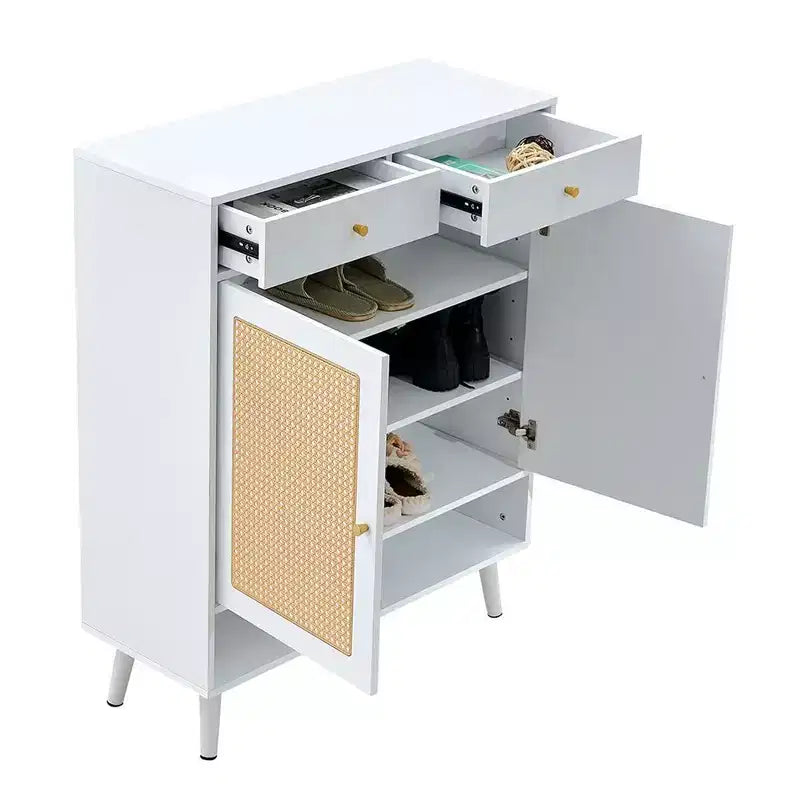 Modern Rattan Shoe Cabinet with 2 Doors and 2 Drawers Minimalist Storage Cabinet Shoe Organizer for Entryway, Corridors and Living Rooms