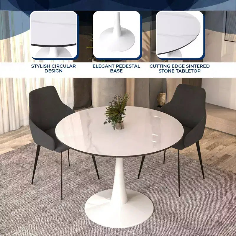 40" Round Dining Table Sintered Stone Top & Steel Pedestal Base