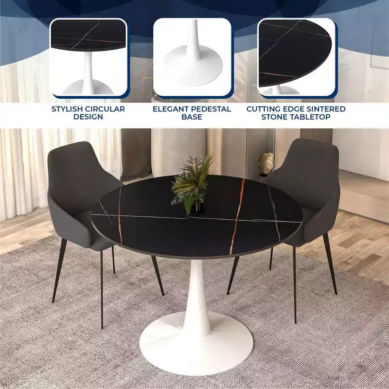 40" Round Dining Table Sintered Stone Top & Steel Pedestal Base