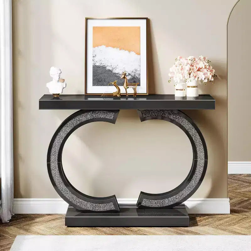 Modern 39-inch Mirrored Console Table with Sparkling Crystal Inlays