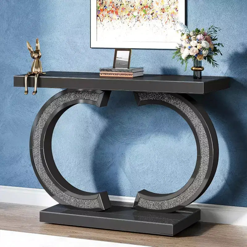 Modern 39-inch Mirrored Console Table with Sparkling Crystal Inlays