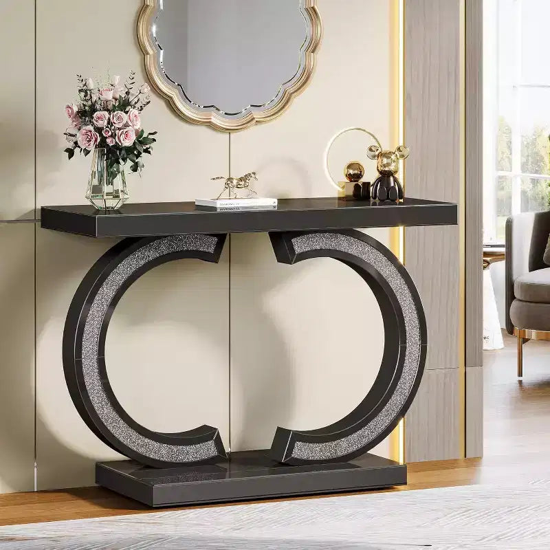 Modern 39-inch Mirrored Console Table with Sparkling Crystal Inlays