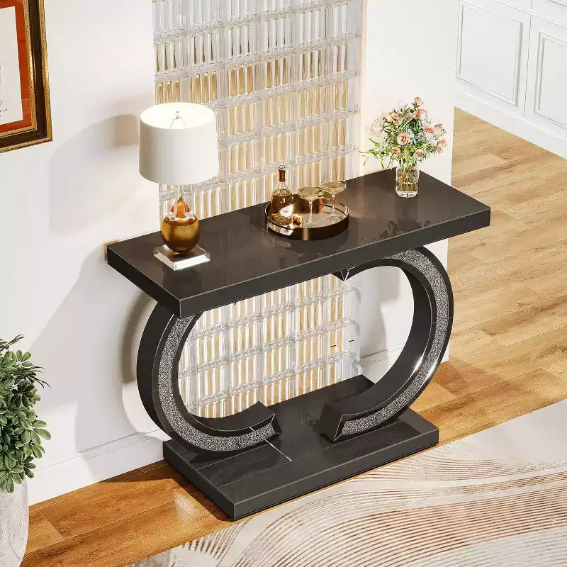 Modern 39-inch Mirrored Console Table with Sparkling Crystal Inlays