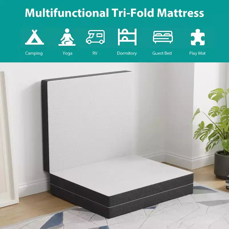 4 inch Folding Mattress Tri Fold Memory Foam Mattress Topper with Washable Cover for Camping