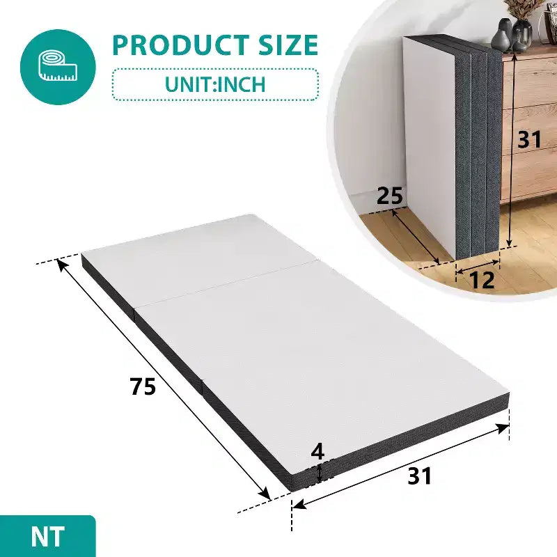 4 inch Folding Mattress Tri Fold Memory Foam Mattress Topper with Washable Cover for Camping