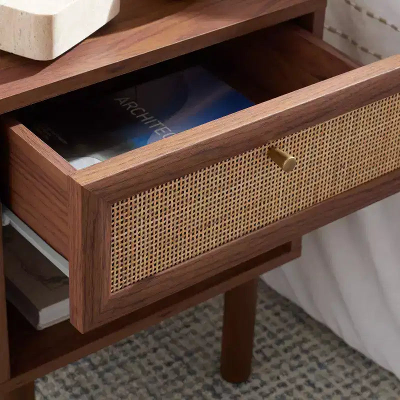 Walnut Natural Nightstand with Drawer and Open Shelf