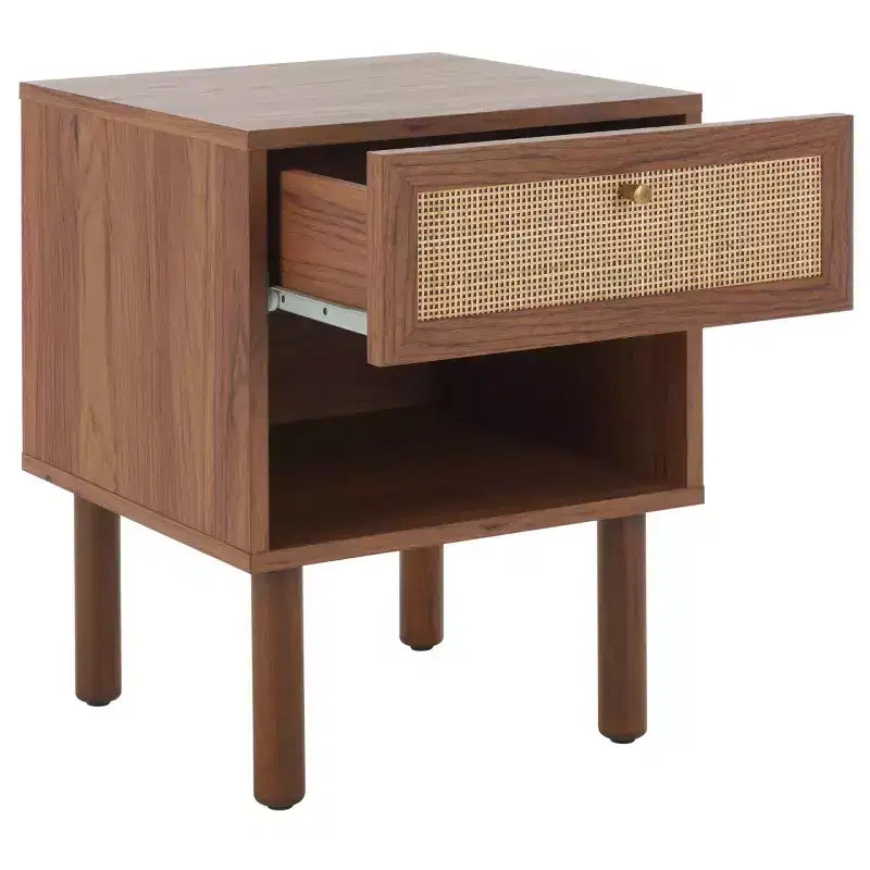 Walnut Natural Nightstand with Drawer and Open Shelf