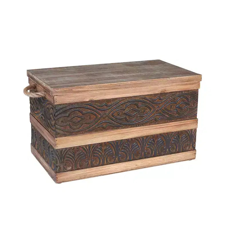 Household Essentials Decorative Trunk, Embossed Metal, Small, Walnut and Almond Stain