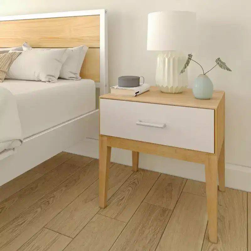 Wood Nightstand with 1 Drawer, Wooden Side Table for Bedroom Storage, Bedside End Table, White/Birch