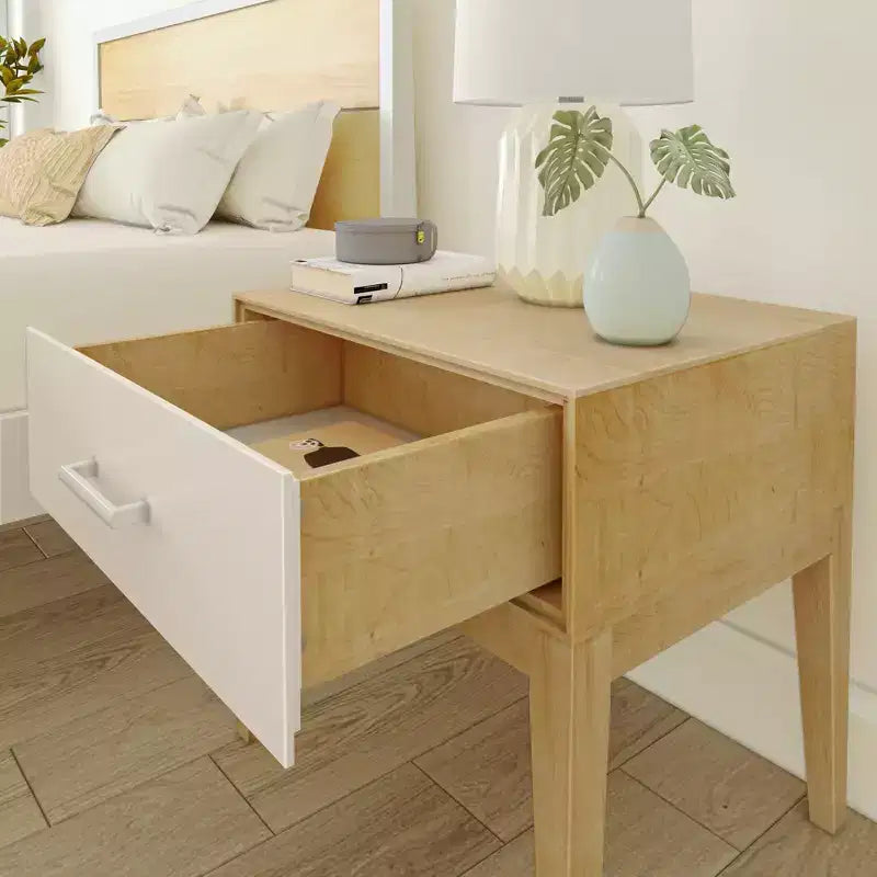 Wood Nightstand with 1 Drawer, Wooden Side Table for Bedroom Storage, Bedside End Table, White/Birch