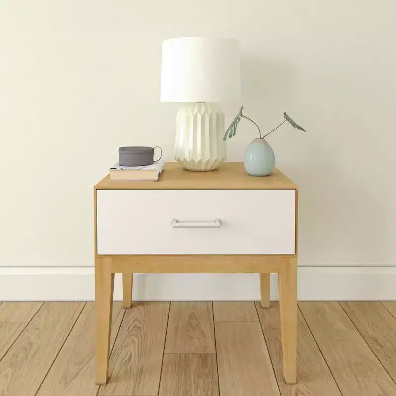 Wood Nightstand with 1 Drawer, Wooden Side Table for Bedroom Storage, Bedside End Table, White/Birch