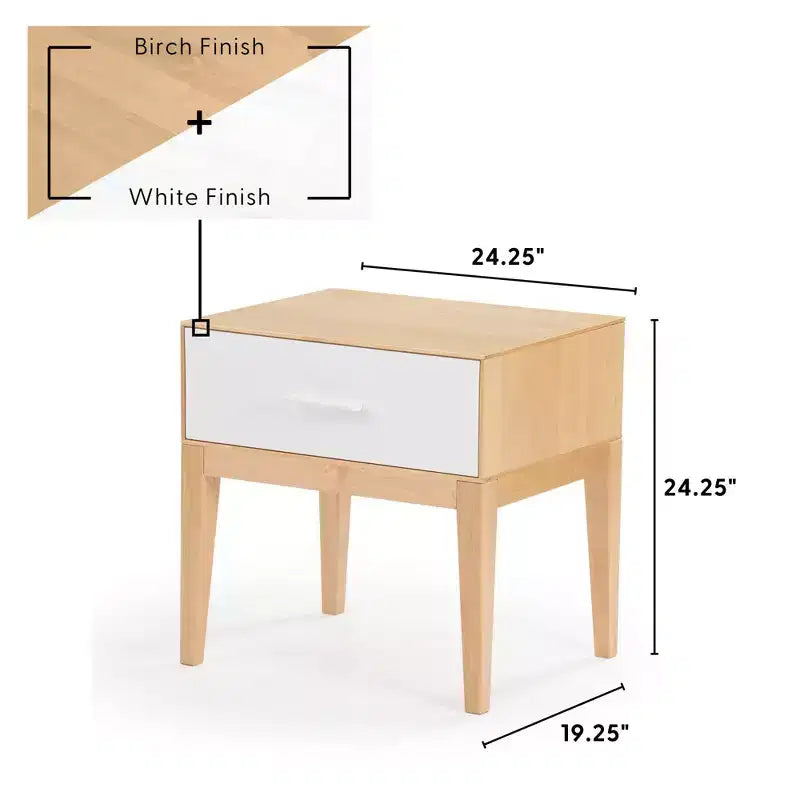 Wood Nightstand with 1 Drawer, Wooden Side Table for Bedroom Storage, Bedside End Table, White/Birch