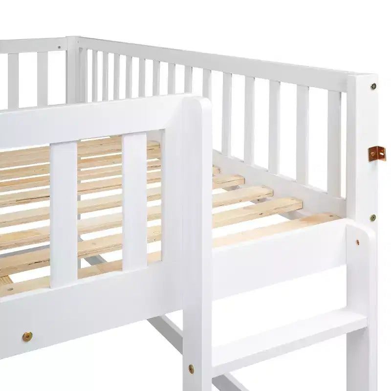 Full/Twin Size Low Loft Bed with Ladder and Slide, Wooden Bed Frame, No Box Spring Needed