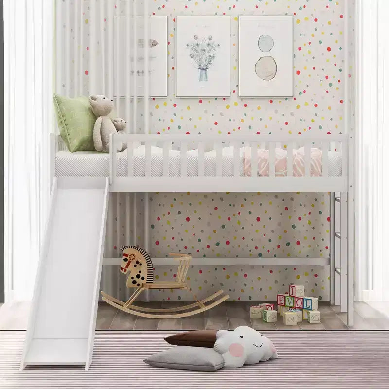 Full/Twin Size Low Loft Bed with Ladder and Slide, Wooden Bed Frame, No Box Spring Needed
