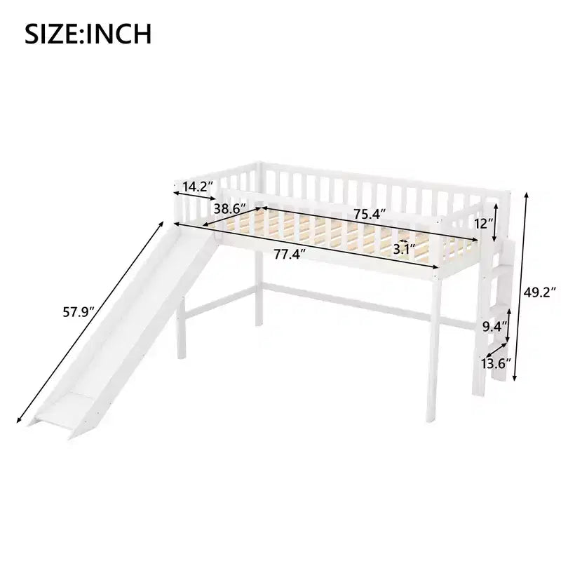 Full/Twin Size Low Loft Bed with Ladder and Slide, Wooden Bed Frame, No Box Spring Needed