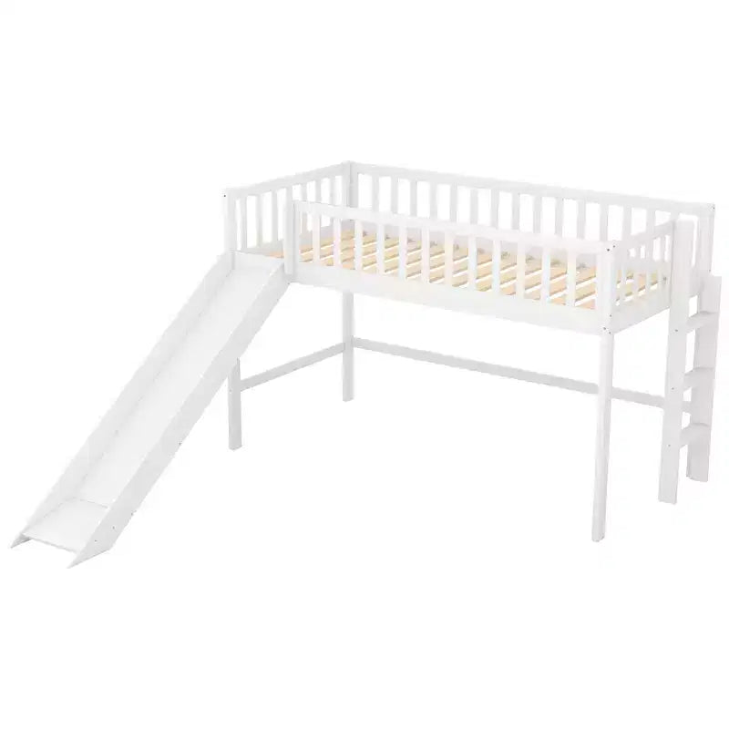 Full/Twin Size Low Loft Bed with Ladder and Slide, Wooden Bed Frame, No Box Spring Needed