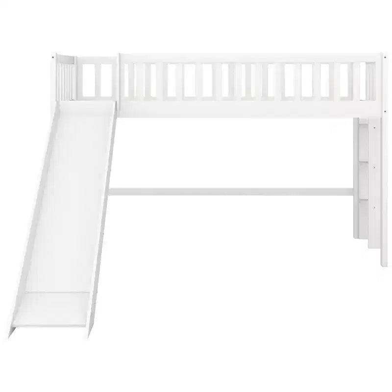 Full/Twin Size Low Loft Bed with Ladder and Slide, Wooden Bed Frame, No Box Spring Needed