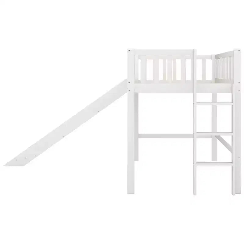 Full/Twin Size Low Loft Bed with Ladder and Slide, Wooden Bed Frame, No Box Spring Needed