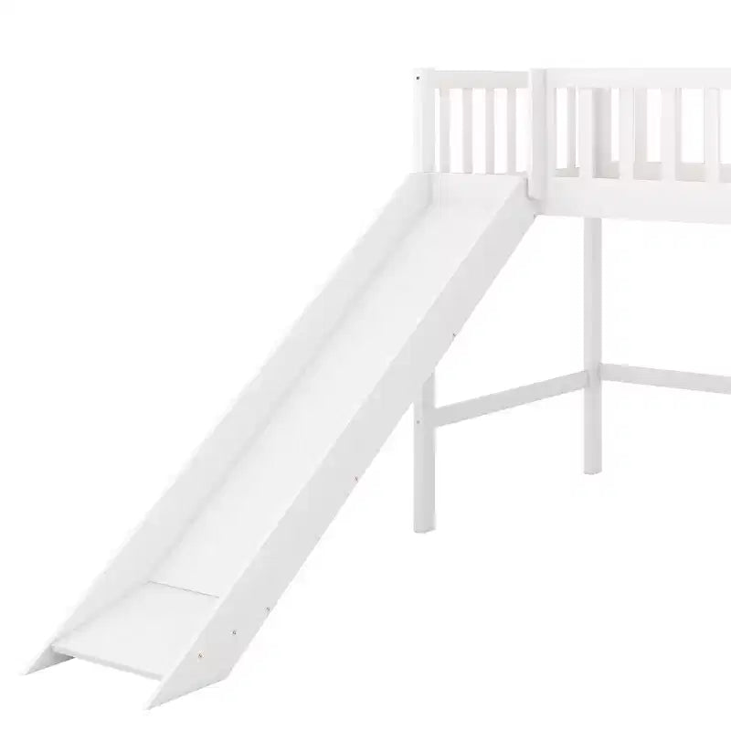 Full/Twin Size Low Loft Bed with Ladder and Slide, Wooden Bed Frame, No Box Spring Needed