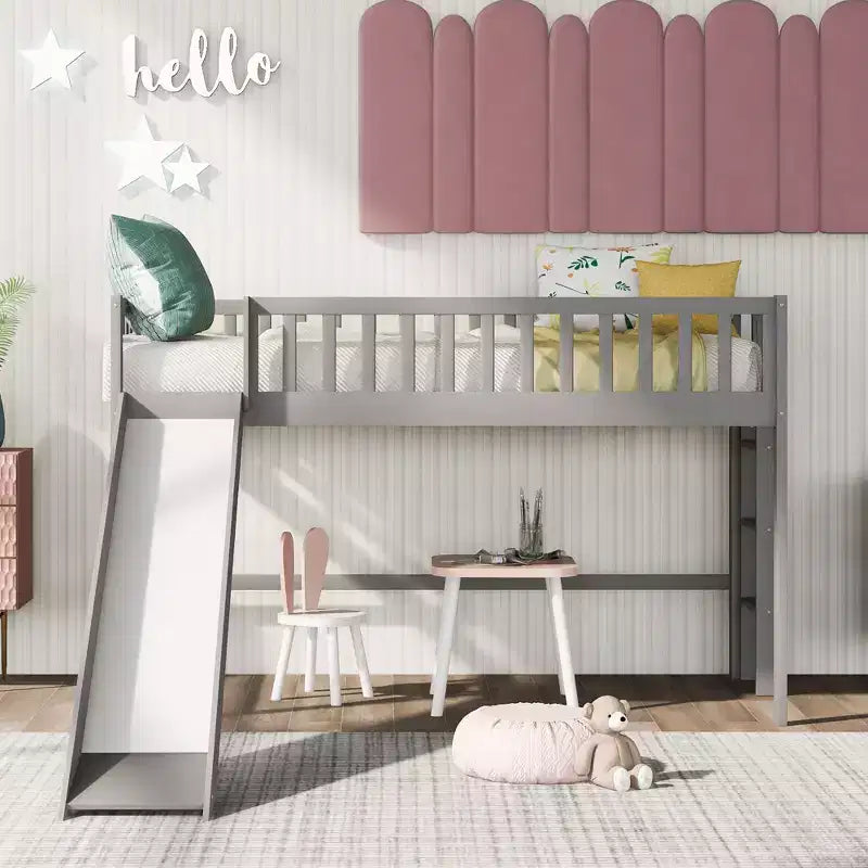 Full/Twin Size Low Loft Bed with Ladder and Slide, Wooden Bed Frame, No Box Spring Needed