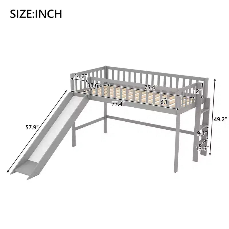Full/Twin Size Low Loft Bed with Ladder and Slide, Wooden Bed Frame, No Box Spring Needed