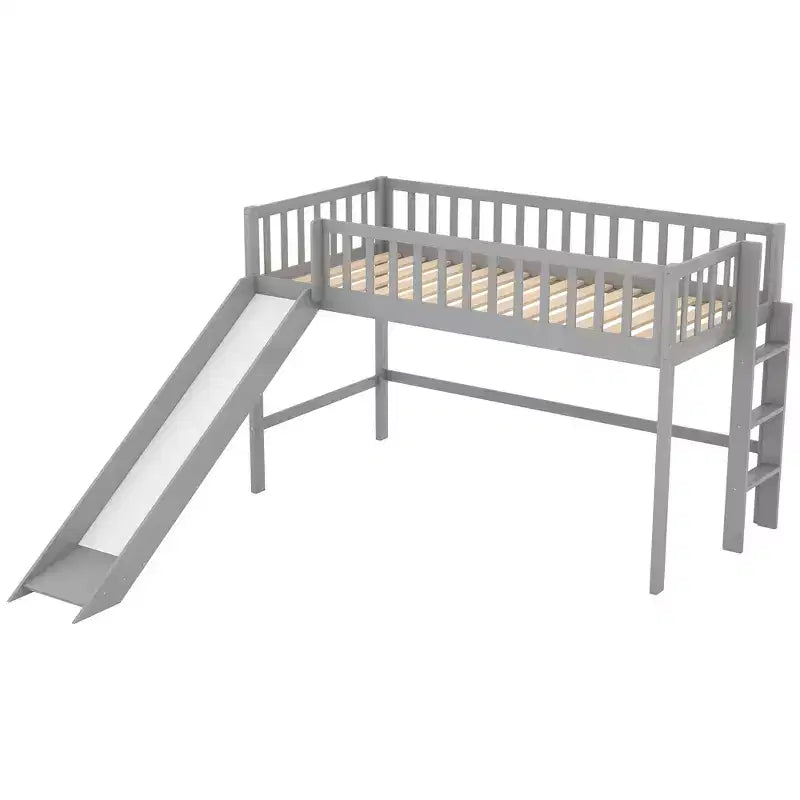 Full/Twin Size Low Loft Bed with Ladder and Slide, Wooden Bed Frame, No Box Spring Needed