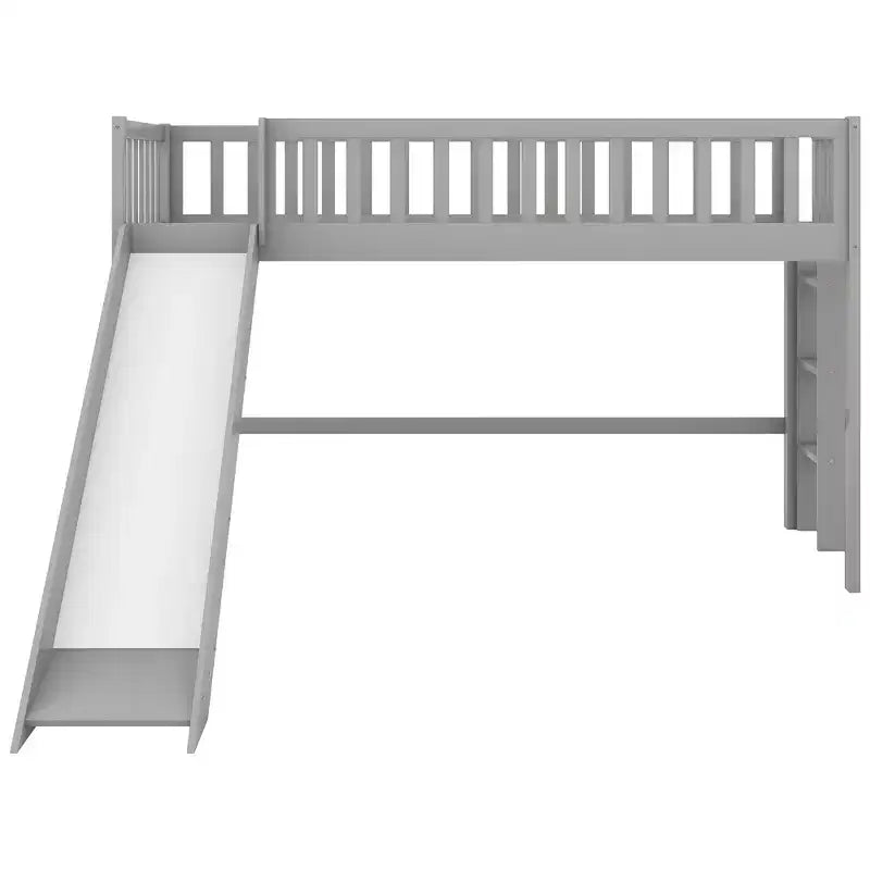 Full/Twin Size Low Loft Bed with Ladder and Slide, Wooden Bed Frame, No Box Spring Needed