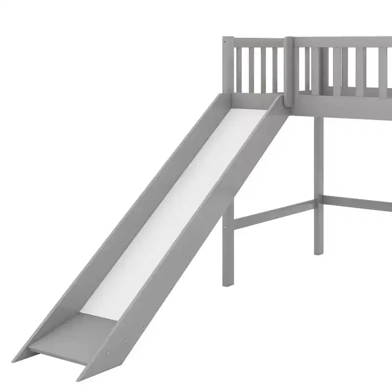 Full/Twin Size Low Loft Bed with Ladder and Slide, Wooden Bed Frame, No Box Spring Needed