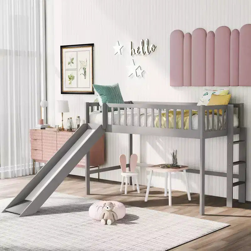 Full/Twin Size Low Loft Bed with Ladder and Slide, Wooden Bed Frame, No Box Spring Needed - HABITRIO