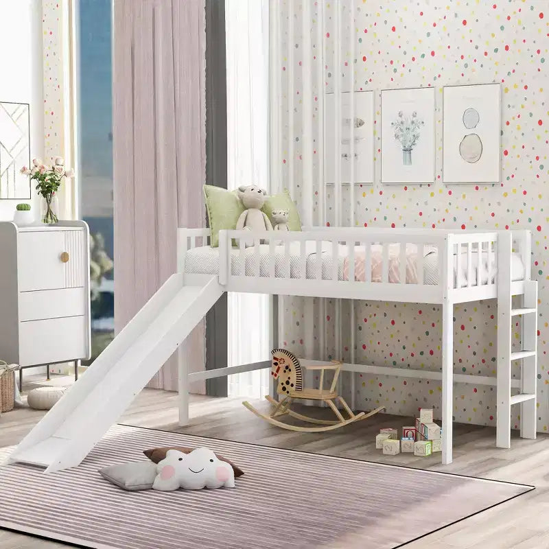Full/Twin Size Low Loft Bed with Ladder and Slide, Wooden Bed Frame, No Box Spring Needed