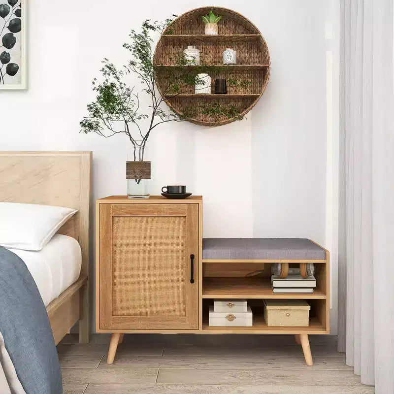 2-in-1 Rattan Shoe Cabinet with Bench, 3 Adjustable Shelves & Solid Pine Wood Legs