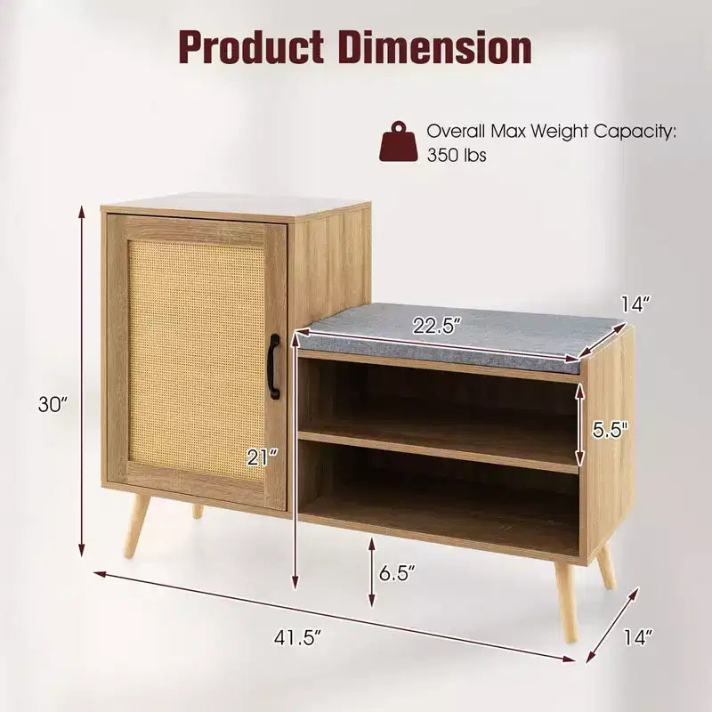 2-in-1 Rattan Shoe Cabinet with Bench, 3 Adjustable Shelves & Solid Pine Wood Legs