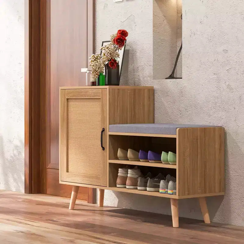 2-in-1 Rattan Shoe Cabinet with Bench, 3 Adjustable Shelves & Solid Pine Wood Legs