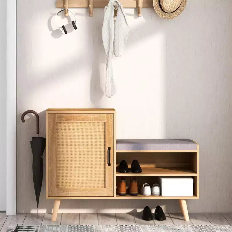 2-in-1 Rattan Shoe Cabinet with Bench, 3 Adjustable Shelves & Solid Pine Wood Legs