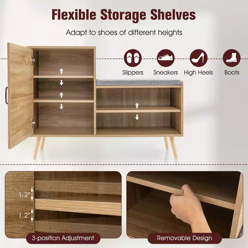 2-in-1 Rattan Shoe Cabinet with Bench, 3 Adjustable Shelves & Solid Pine Wood Legs