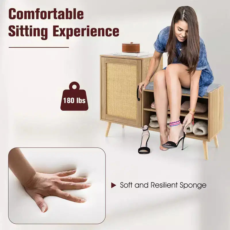 2-in-1 Rattan Shoe Cabinet with Bench, 3 Adjustable Shelves & Solid Pine Wood Legs