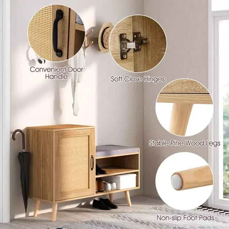 2-in-1 Rattan Shoe Cabinet with Bench, 3 Adjustable Shelves & Solid Pine Wood Legs