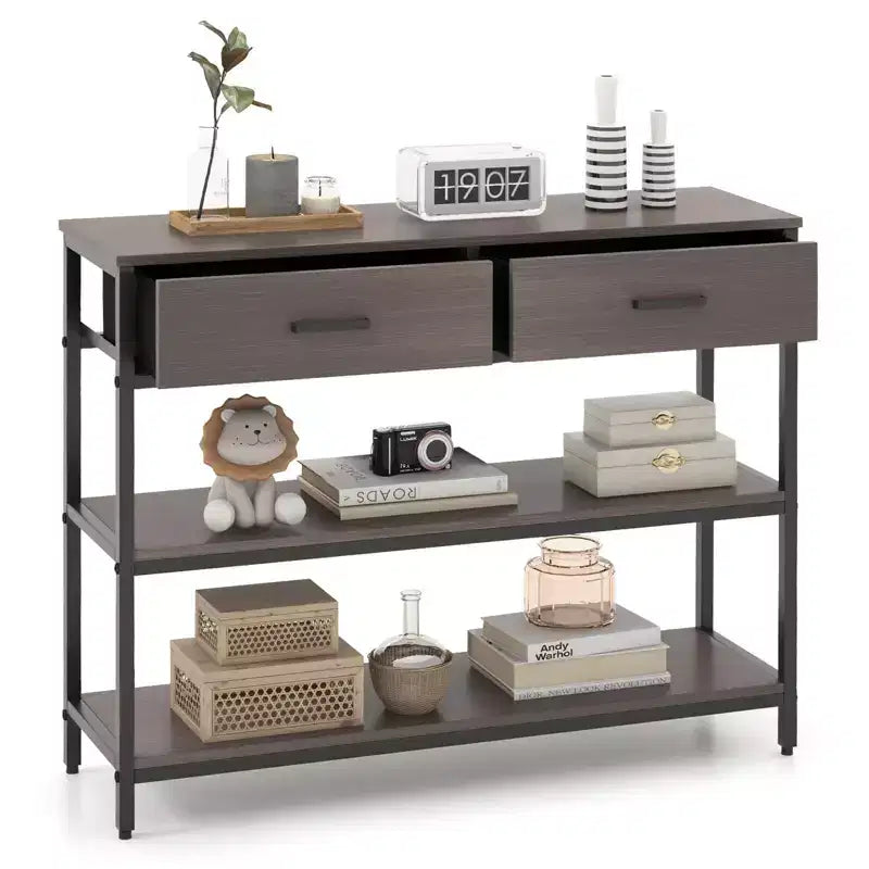Costway Console Entryway Table Sofa Side Table with Folding Fabric Drawers for Living Room Gray/Rustic Brown