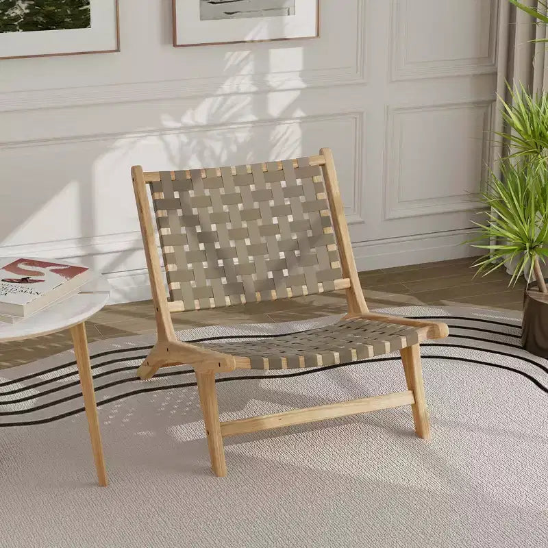 Modern Teak Wood Lounge Chair with Nylon Woven Backrest & Seat Comfy Reading Chair Brown/Black