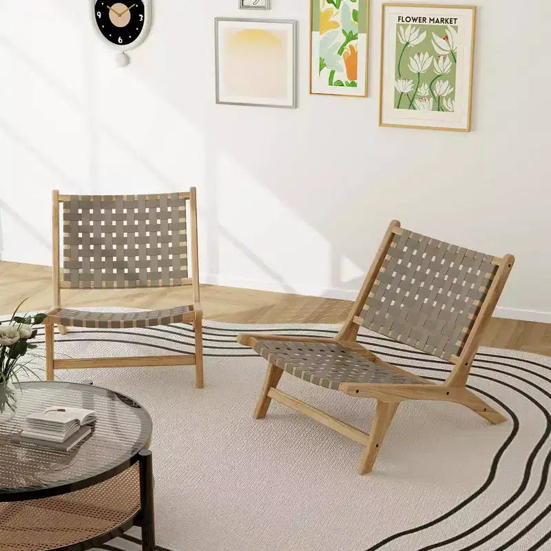 Modern Teak Wood Lounge Chair with Nylon Woven Backrest & Seat Comfy Reading Chair Brown/Black
