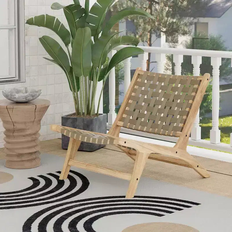 Modern Teak Wood Lounge Chair with Nylon Woven Backrest & Seat Comfy Reading Chair Brown/Black