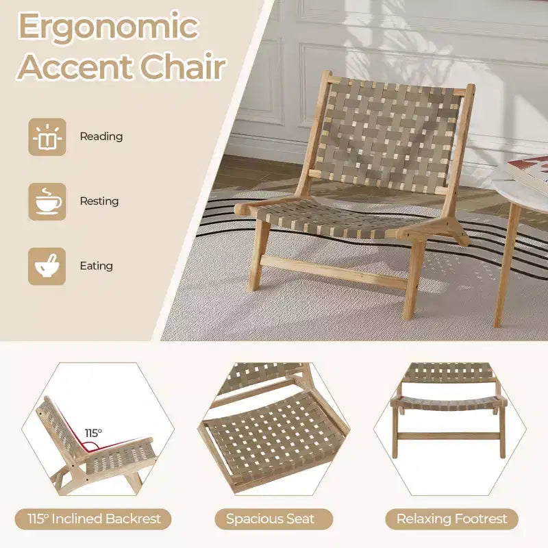 Modern Teak Wood Lounge Chair with Nylon Woven Backrest & Seat Comfy Reading Chair Brown/Black