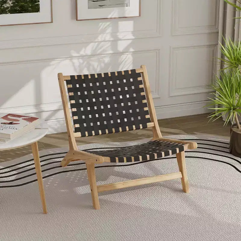 Modern Teak Wood Lounge Chair with Nylon Woven Backrest & Seat Comfy Reading Chair Brown/Black