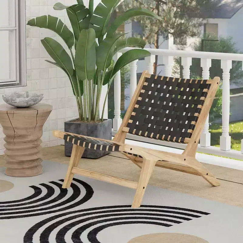 Modern Teak Wood Lounge Chair with Nylon Woven Backrest & Seat Comfy Reading Chair Brown/Black